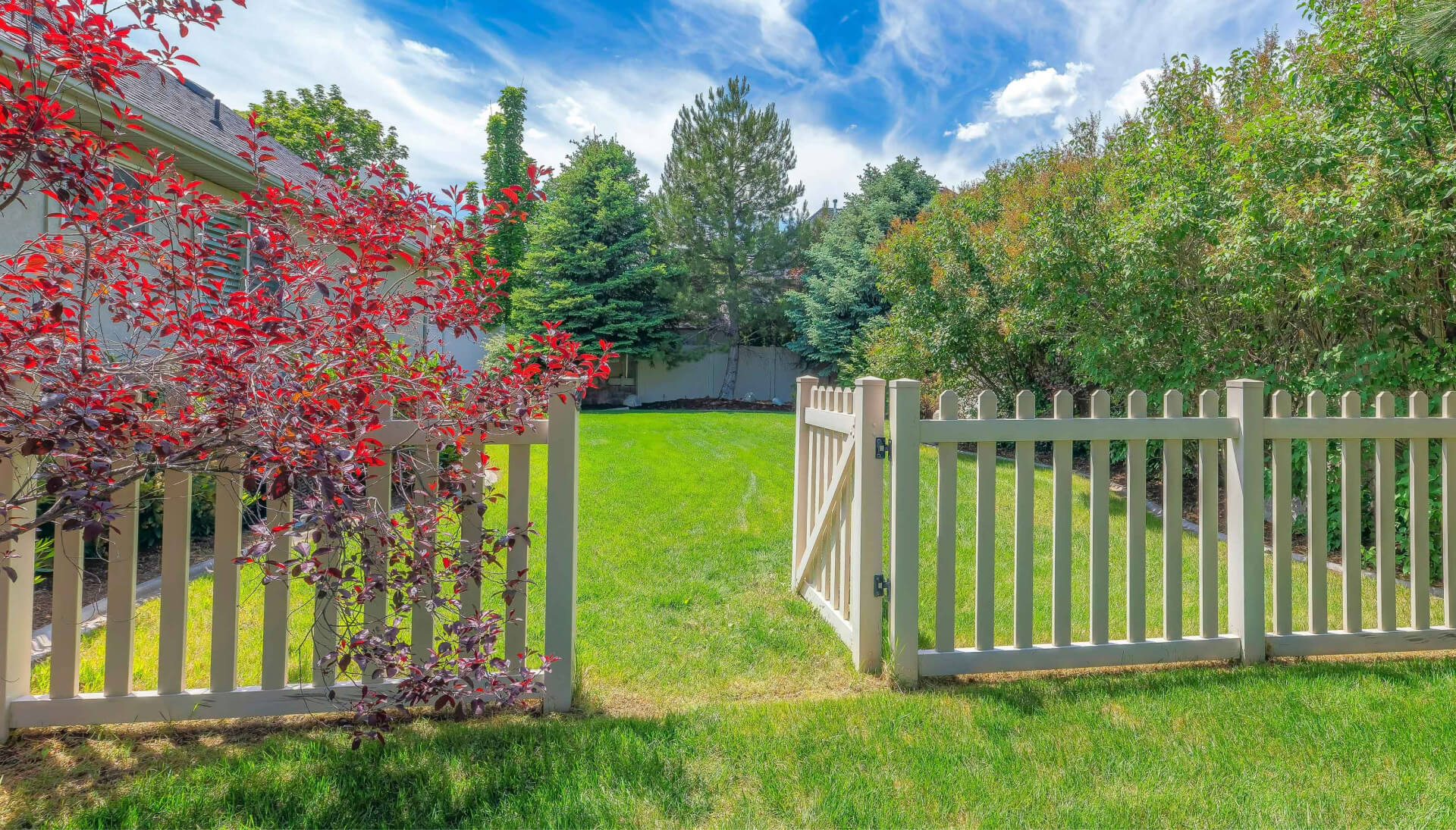 A functional fence gate providing access to a well-maintained backyard, surrounded by a wooden fence in Champaign
